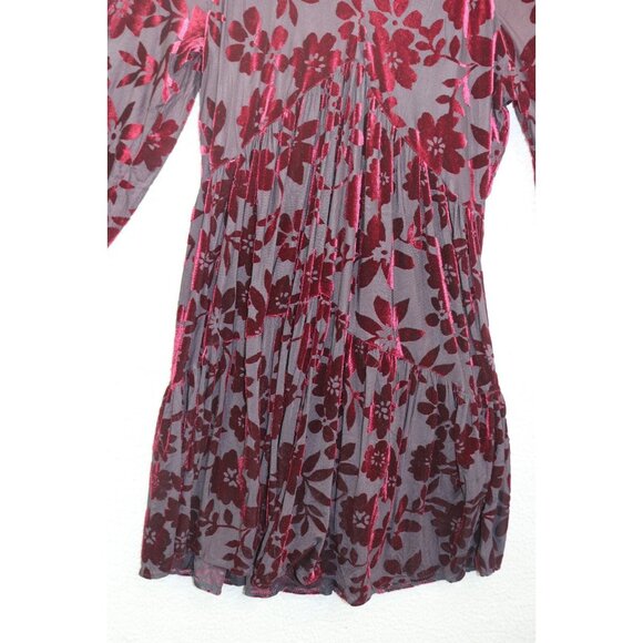 Taylor Burgundy Velvet Burnout-3/4 Puff Sleeves Babydoll Dress-Size 8-Whimsigoth - Picture 2 of 12